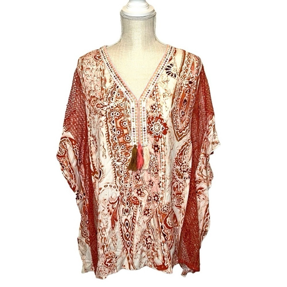 Chico's Coral Orange Printed Tassel Kimono Poncho
Size S/M